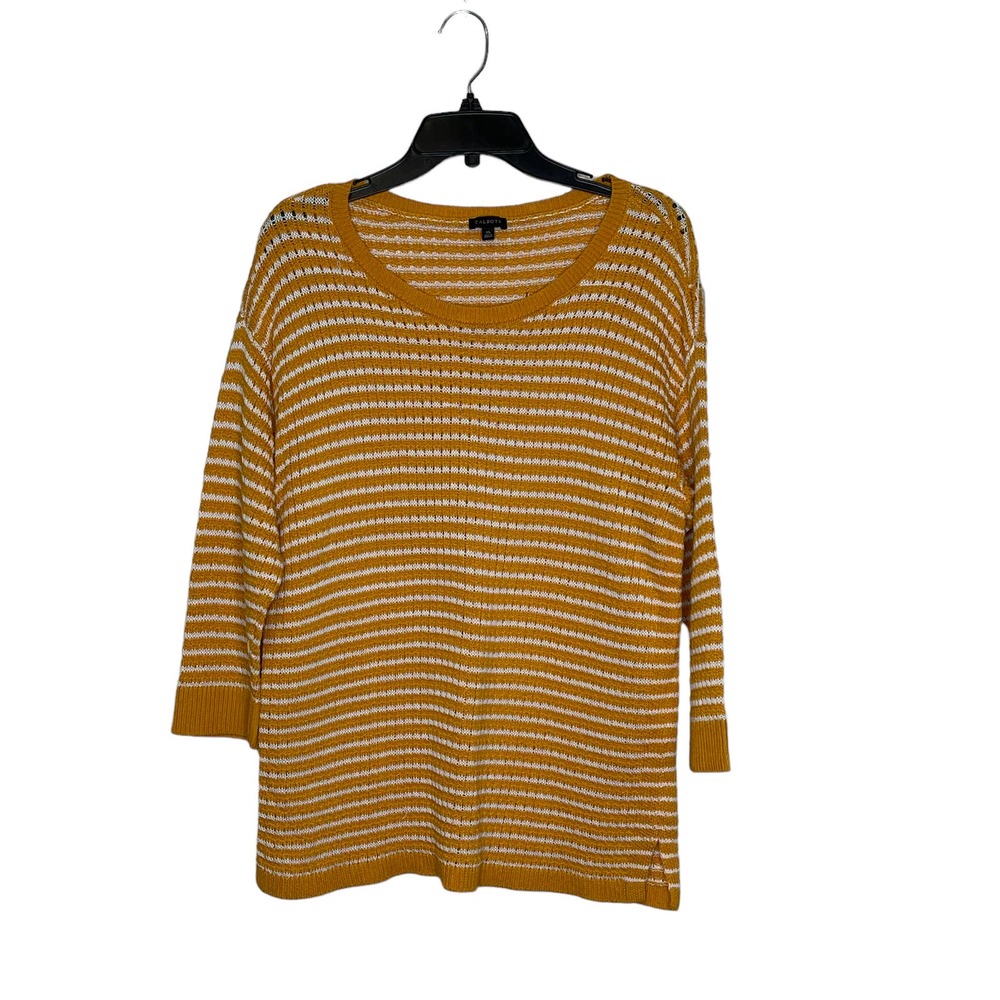 Talbots Open Knit Sweater Size XL Yellow White Striped 3/4 Sleeve Cotton Lyocell